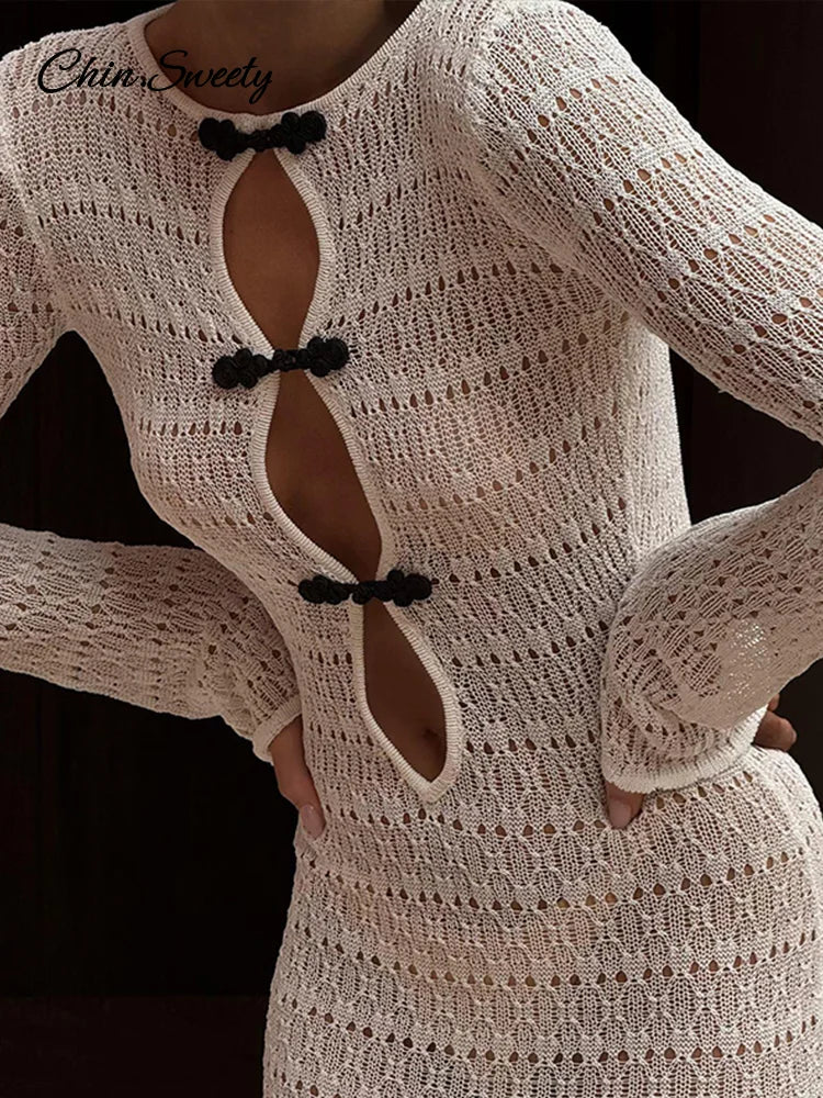 Hollow Out Knitted Maxi Dress Long Sleeve O-neck White Black Holiday Dresses Female Summer Lady Slim Fit Robes