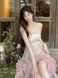 Summer French Evening Party Midi Dress Pink Korean Style Sweet Dress Female Bubble Sleeve Fairy Dress