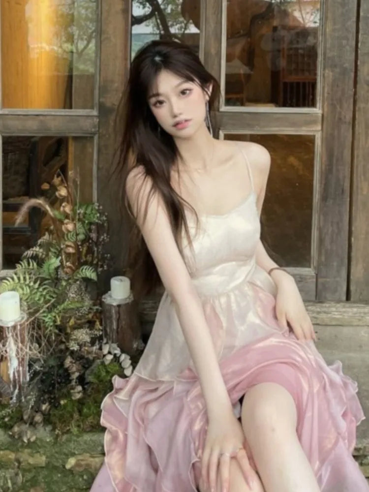 Summer French Evening Party Midi Dress Pink Korean Style Sweet Dress Female Bubble Sleeve Fairy Dress