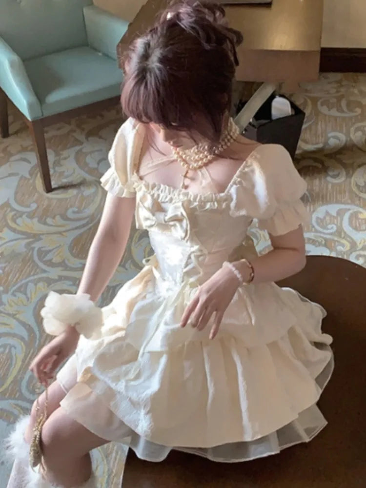 Sweet Mini Dress for Bow Puff Sleeve Princess Birthday Party Short Dresses Korean Laceup Aline Vestidos Mujer