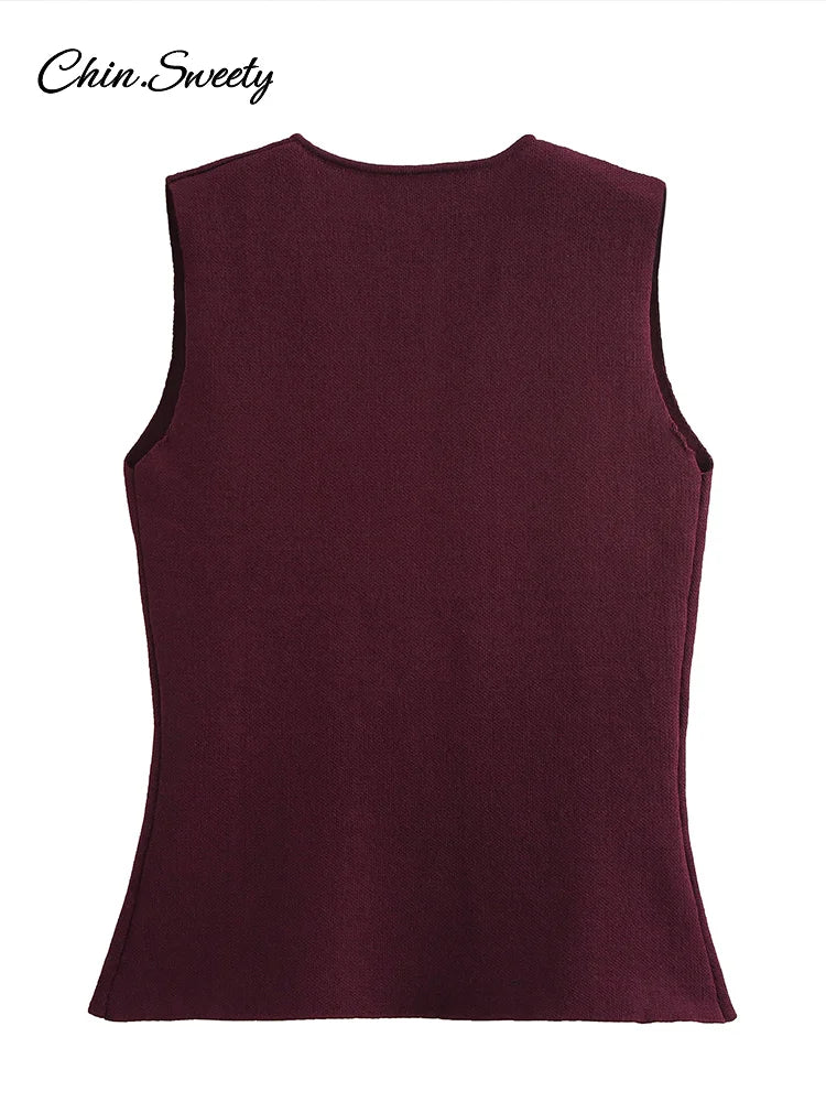 Single Breasted Knitted Vest Top Wine Red V-neck Sleeveless Sweater Tank Female Autumn Lady Knitwear New