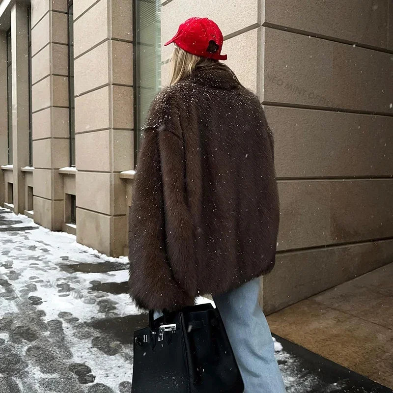 Winter Faux Fur Coat Brand Fluffy Fox Fur Outerwear Overcoat Girl Street Style Furry Warm Jacket