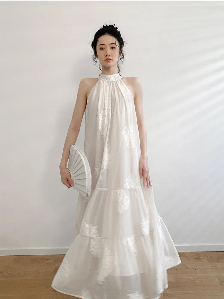 French Apricot Embroidery Printed Dress Spring Summer Sleeveless Hanging Neck Aline Dress Midi Dresses