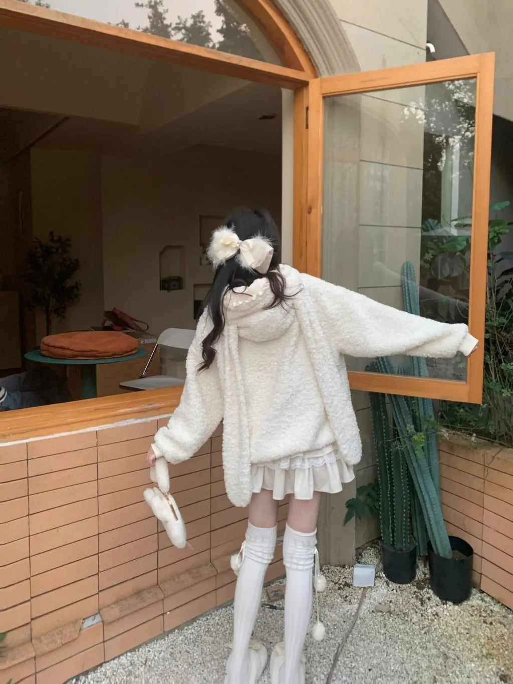 Rabbit Long Ears Hooded Lamb Wool Sweater Coat Winter Plush Padded Thickened Sweet Loose Hoodies Tops Female