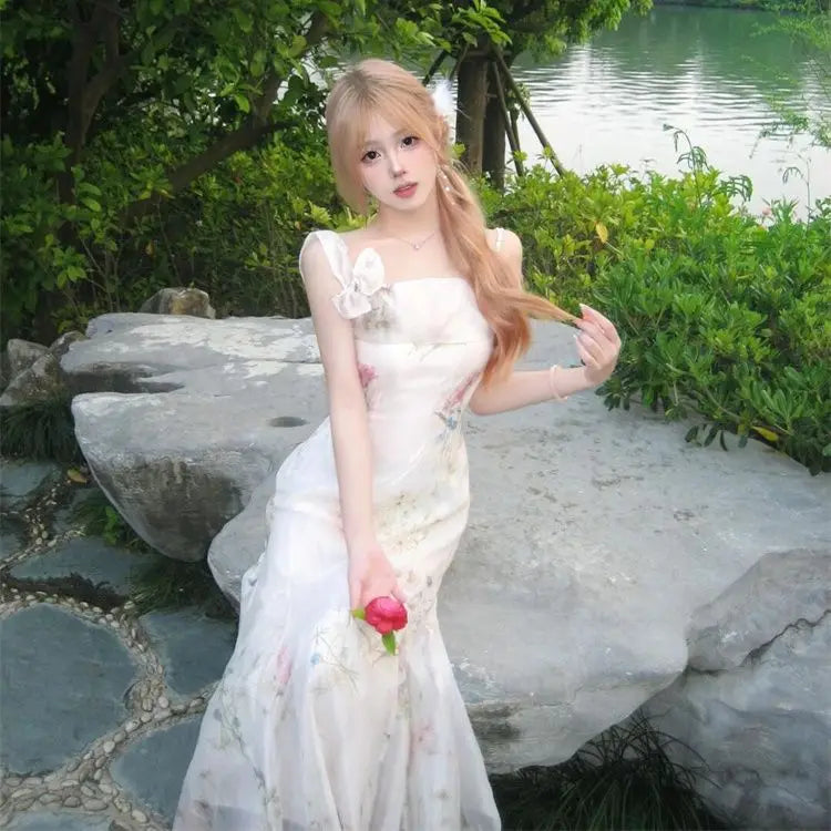 French Print Fairy Midi Dress Evening Party Bow Strap Dress Female Slim Korean Summer