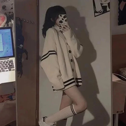 Striped Loose Cardigan Y2k Autumn Winter Single Breasted Sweater Korean Female Knitted Coat