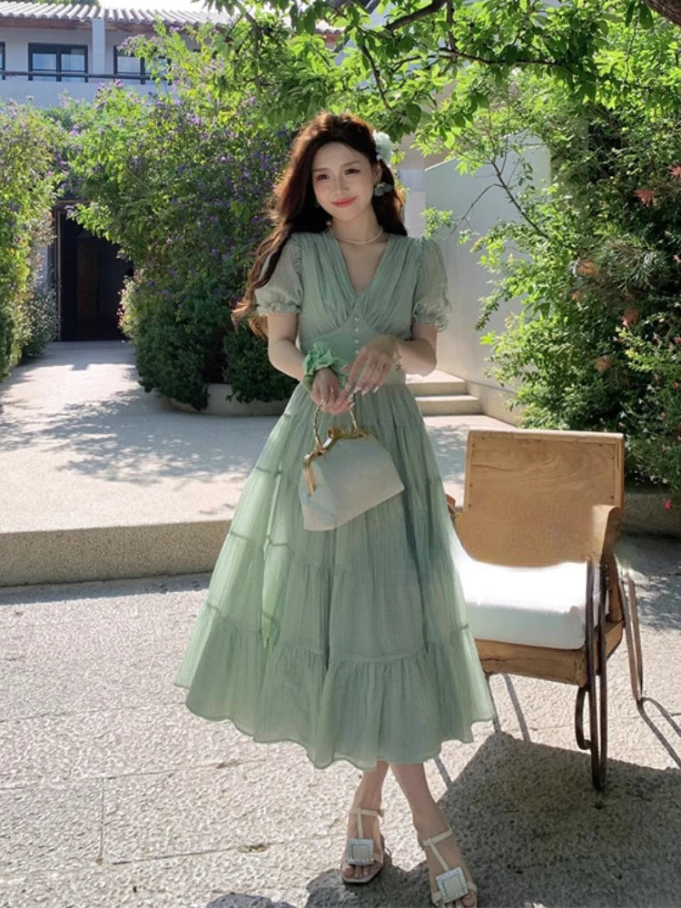 French Evening Party Dress Summer Beach Style Vneck Midi Dress Female Short Sleeve Korean Clothing