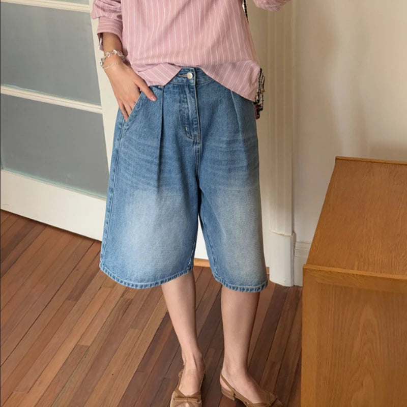 Washed Denim Wide Leg Shorts Summer Loose High Waist Blue Straight Half Pants Female