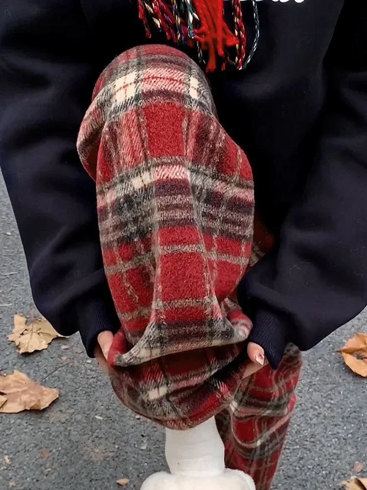 Red Plaid Pants Harajuku Korean Style Checked Trousers Y2k Classic Pants Warm Winter Wide Leg