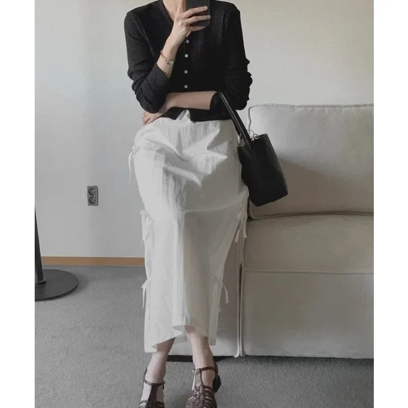 Lace Up Bow Color All Match Aline Skirt Summer New Korean High Waist Loose Midlength Skirt