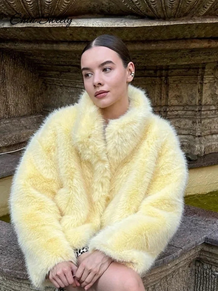 Faux Fur Jacket Coat Warm Fluffy Loose Long Sleeve Lapel Female Overcoat Winter Yellow Lady Street Outwear