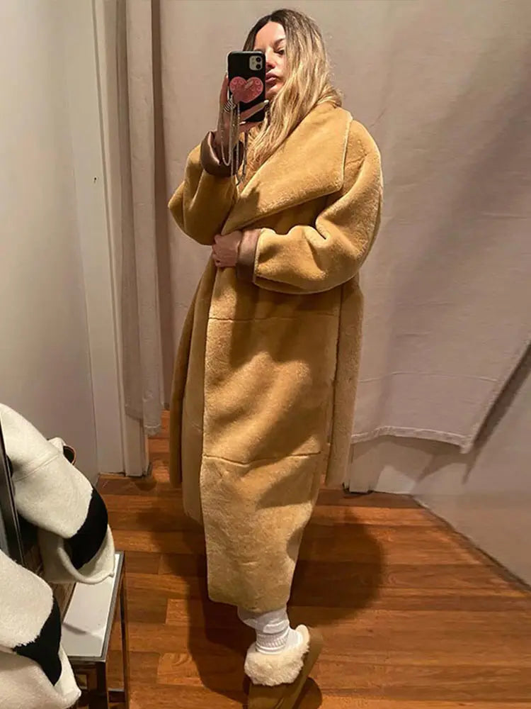 Furry Faux Fur Long Coats With Belt Big Lapel Long Sleeve Pocket Plush Overcoats Lady Winter High Street Outwear