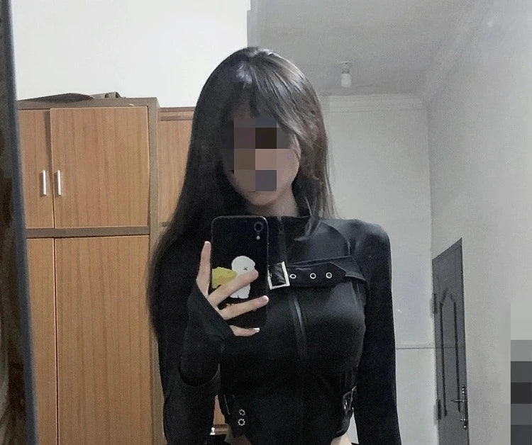 Spring New Slim Fit Black Long Sleeve Zipper Tops + High Waist Drawstring Shorts Y2k Egirl Two Piece Sets