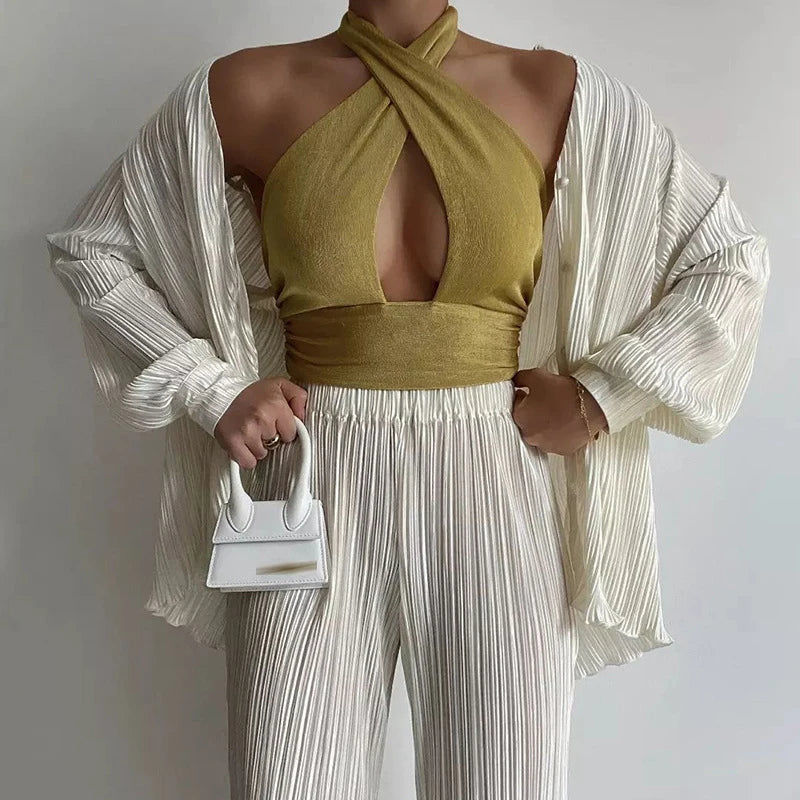 Lapel Single Breasted Shirts+straight Pants Set High Street Loose Outfits High Street Loose 2pc Set