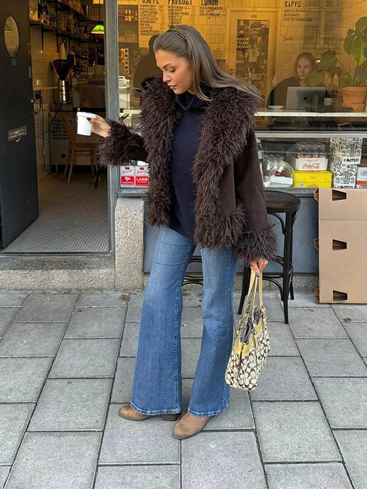 Coffee Fur Patchwork Cardigan Jacket for Long Sleeve Warm Loose Coats Lady High New