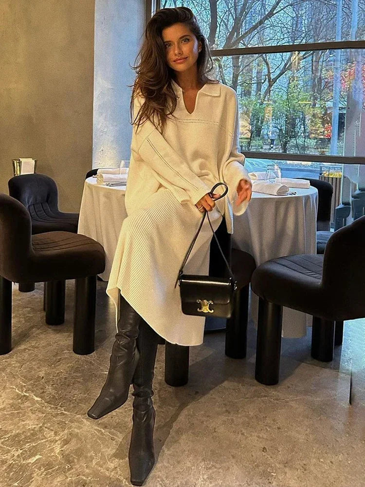 Loose Sweater Suit Female V-neck Knit Pollover Top Long Skirt High Waist Autumn Winter Skirt 2 Piece Set