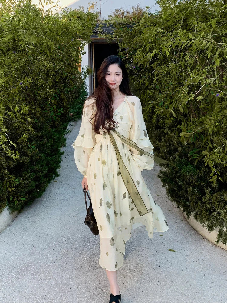 Frehcn Midi Dress Office Lady Vneck Beach Party Dress Summer Chiffon One Piece Dress Korean