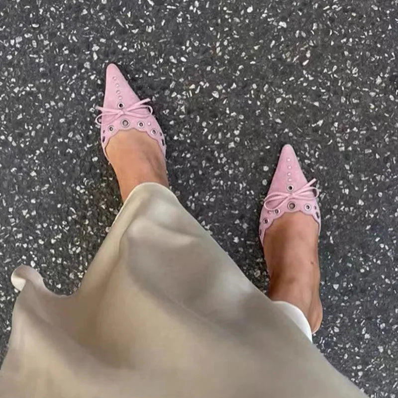 Suede Bow Cutout Pointed Toe Slippers Stiletto High Heels Metal Decorative Sandals Shallow Mules Shoes