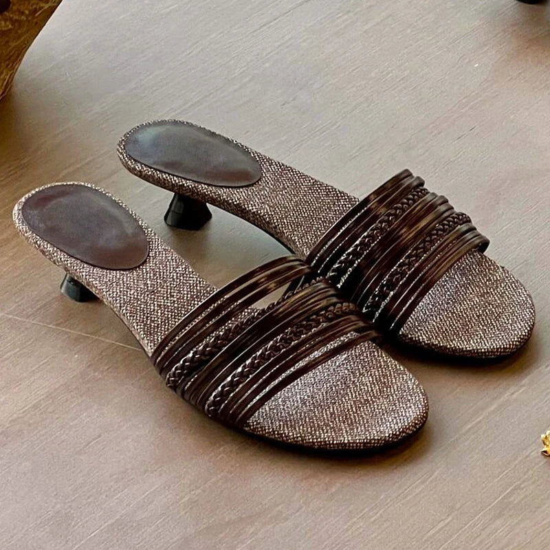 Designer Summer Low Heel Weave Slippers Open Toe Dress Slides Outdoor Gladiator Shoes