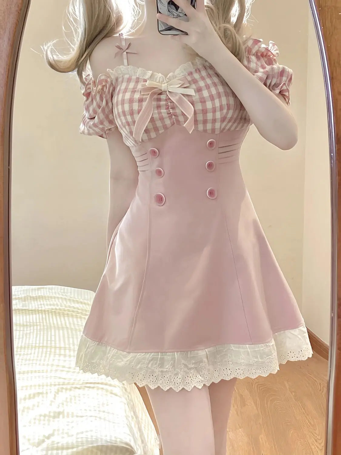 Princess Dress Pink Plaid Bow Onepiece Collar Lace Ruffle Party Mini Dresses Female Japanese Style Sweet Slim Dress