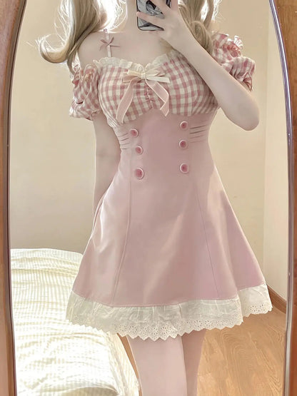 Princess Dress Pink Plaid Bow Onepiece Collar Lace Ruffle Party Mini Dresses Female Japanese Style Sweet Slim Dress