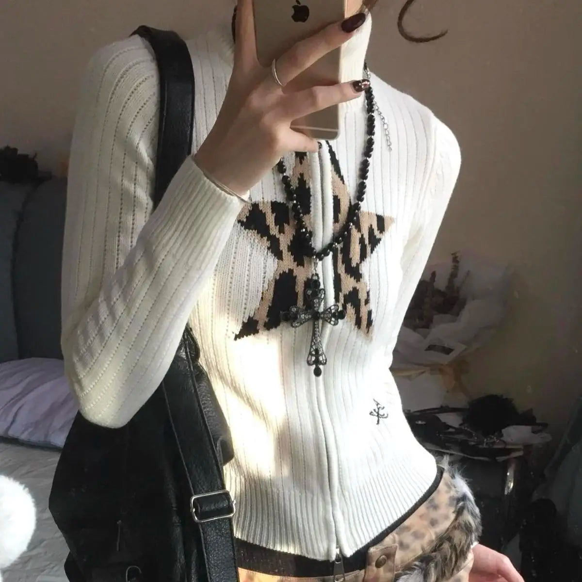 New Leopard Star Jacquard High Collar Zipper Sweater Coat Top American Retro Beige Slim Knitted Cardigan Top