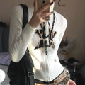 New Leopard Star Jacquard High Collar Zipper Sweater Coat Top American Retro Beige Slim Knitted Cardigan Top