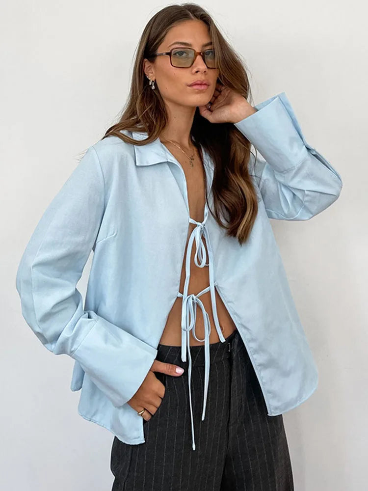 ’s Long Sleeve Shirt Hollow Lace Up Color Top Commuting Patchwork ’s Shirt Cardigan Top