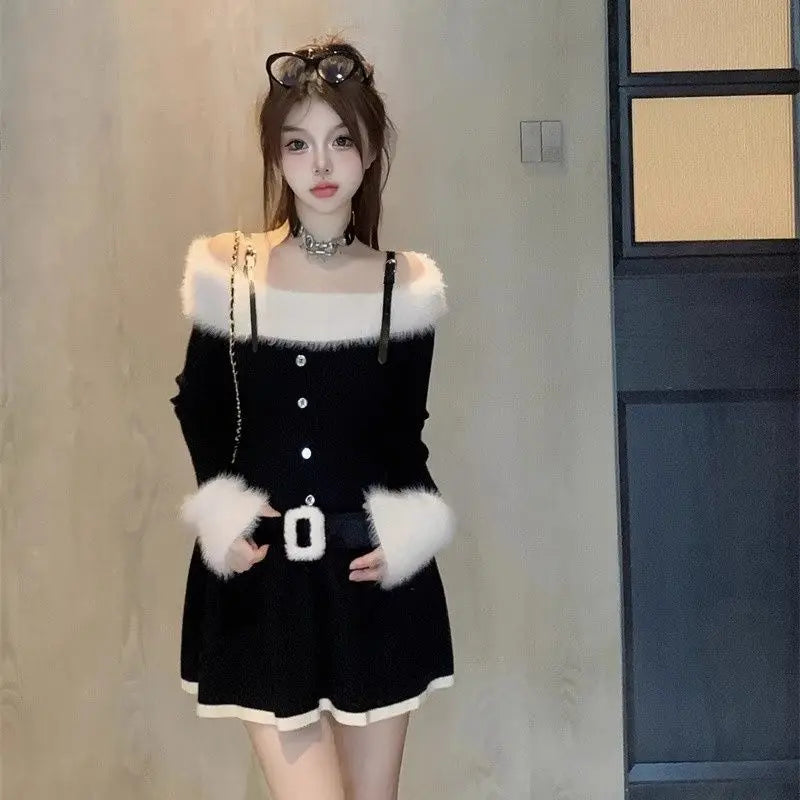 Knitted Dresses Autumn Winter Long Sleeve Slash Neck Slim Mini Dress Party Female