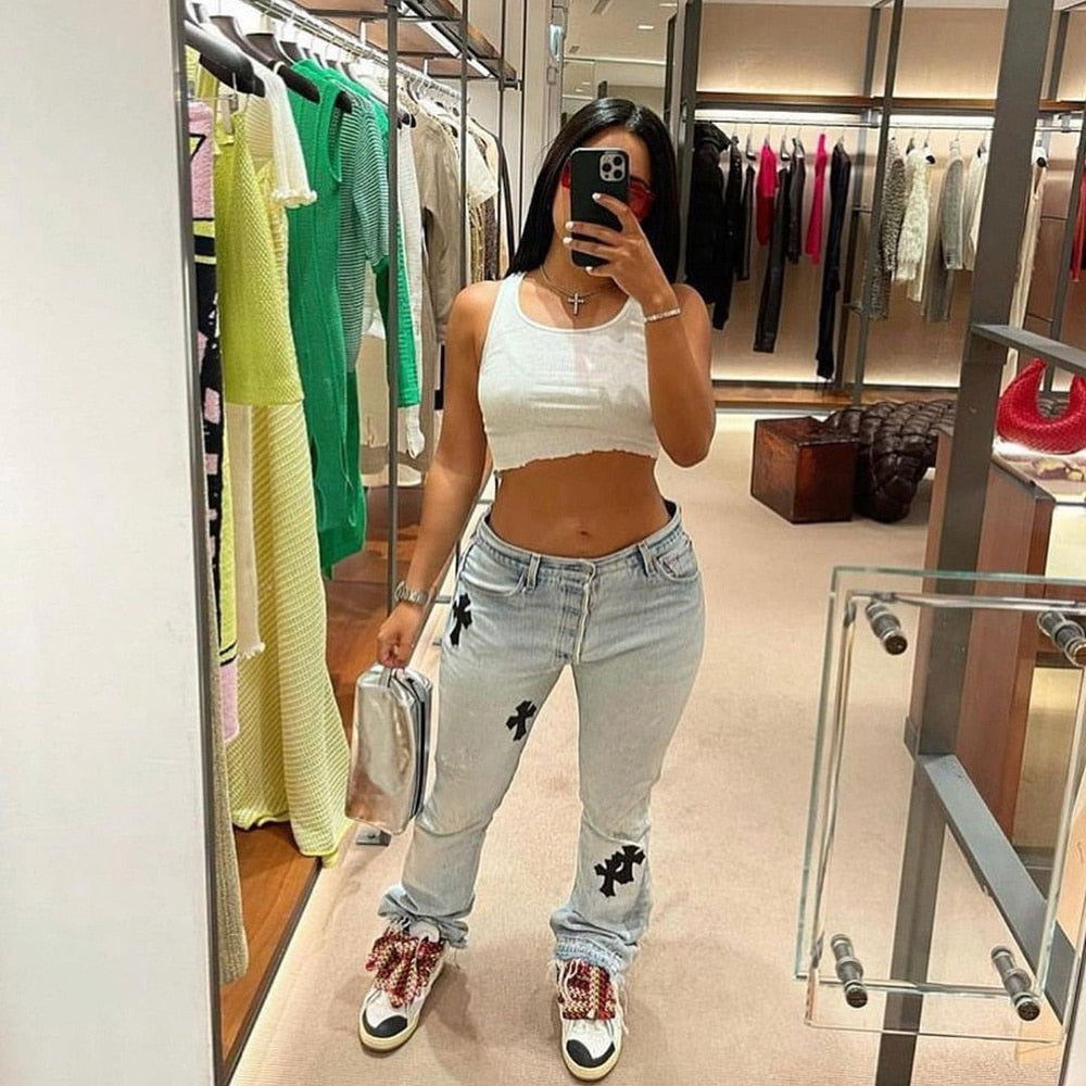 Low Waist Straight Denim Trousers Cyber Y2k Goth Pants Mom Jeans