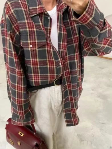 Summer Oversized Plaid Shirt Long Sleeve Loose Fit Blouse Autumn Female Office Shirt Tops for Woman