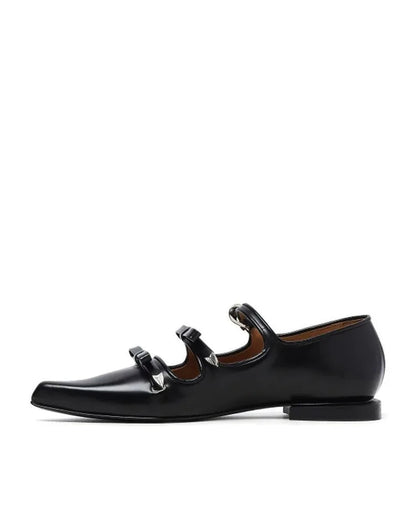 Japanese Metal Buckle Bow Mary Jane Shoes Sweet and Cool Pointed Leather Shallow Flat Shoes