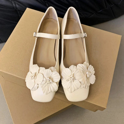 Chunky Heel Flower Mary Jane Shoes Fashions Low Heel Shoes Square Toe Ballet Shoe Designer Pumps Female