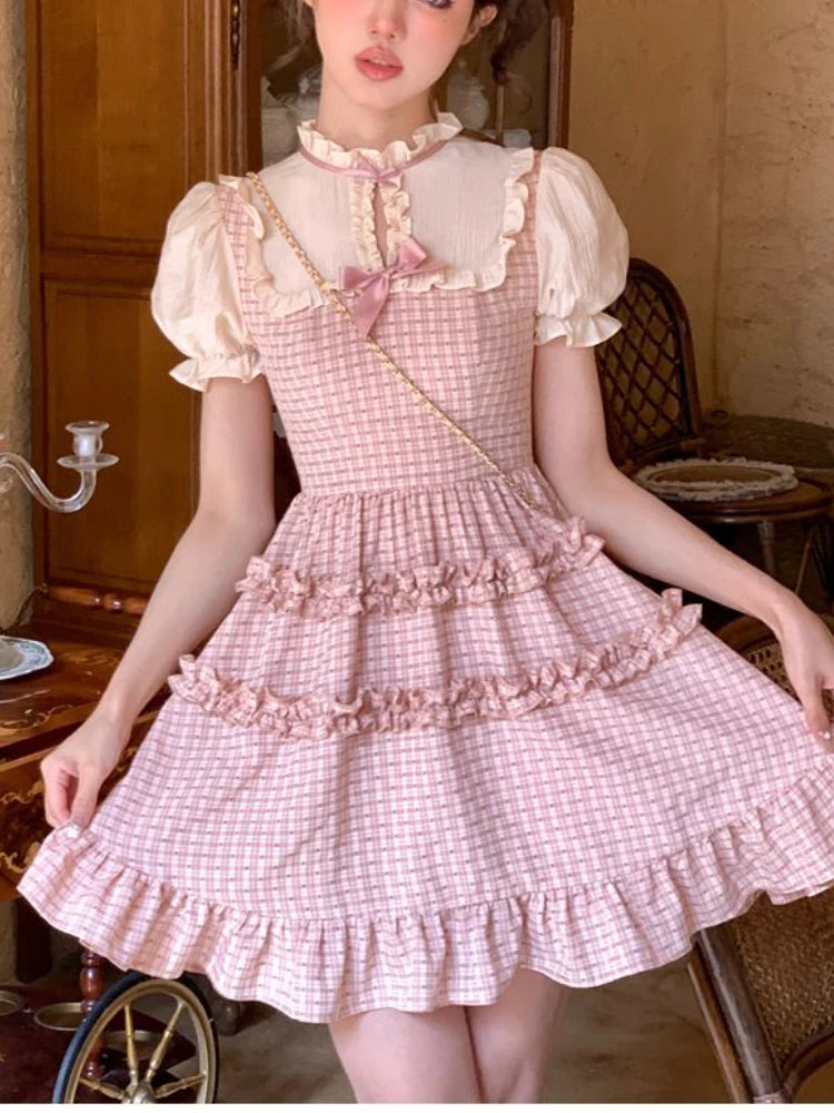 Plaid Dress Short Sleeve Slim Party Y2k Mini Dress Kawaii Clothing One Piece Dress Korean Summer