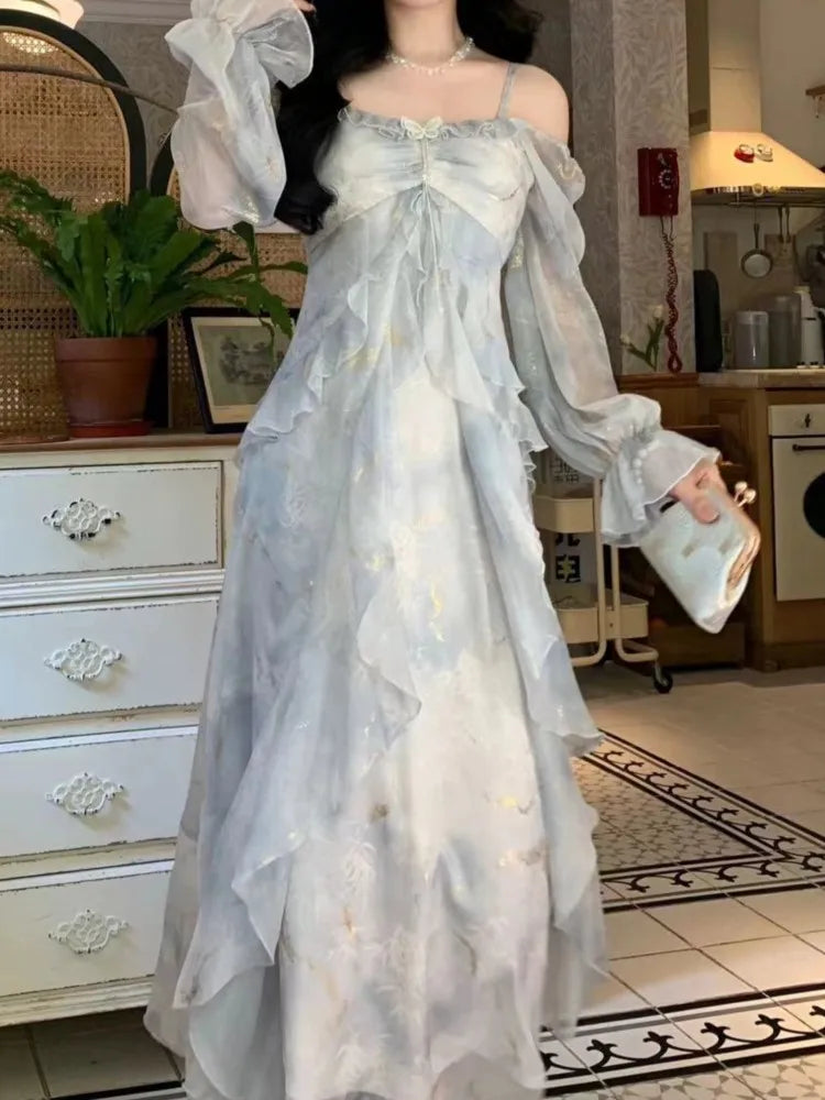 Summer Print Midi Dress Spaghetti Strap Aline Party Birthday Clothes Female Vestidos Long Robe New