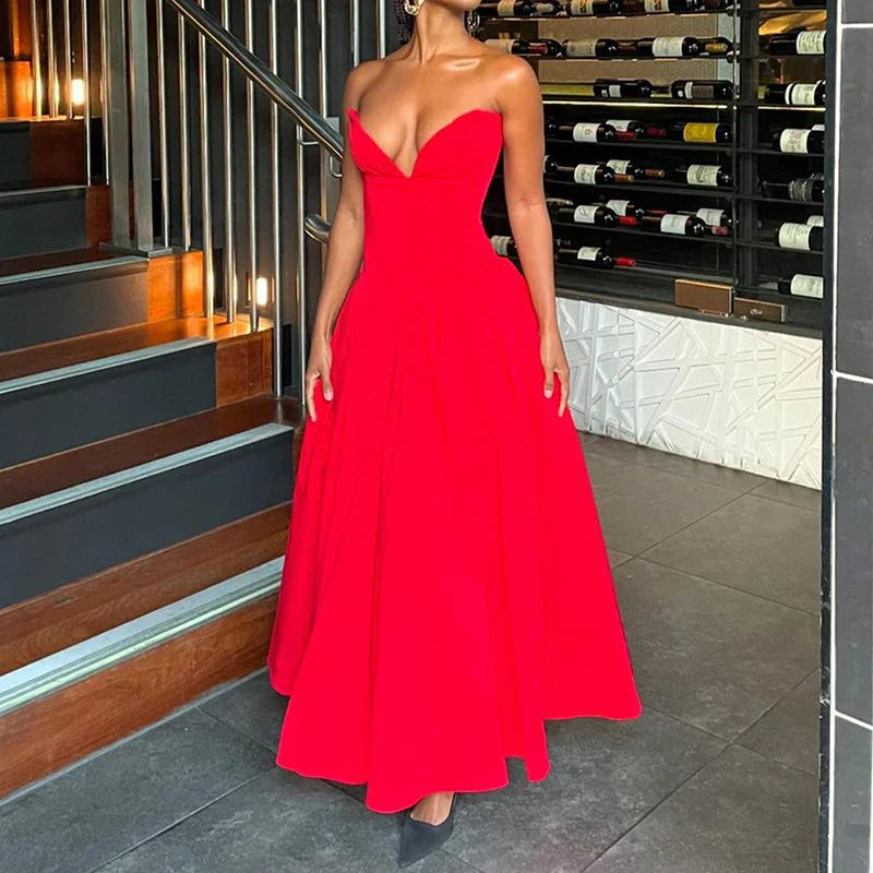 Multi Color Slim Long Dresses V Neck Wrap Chest Waist Party Dress Hollow Off Shoulder Pleated Dress