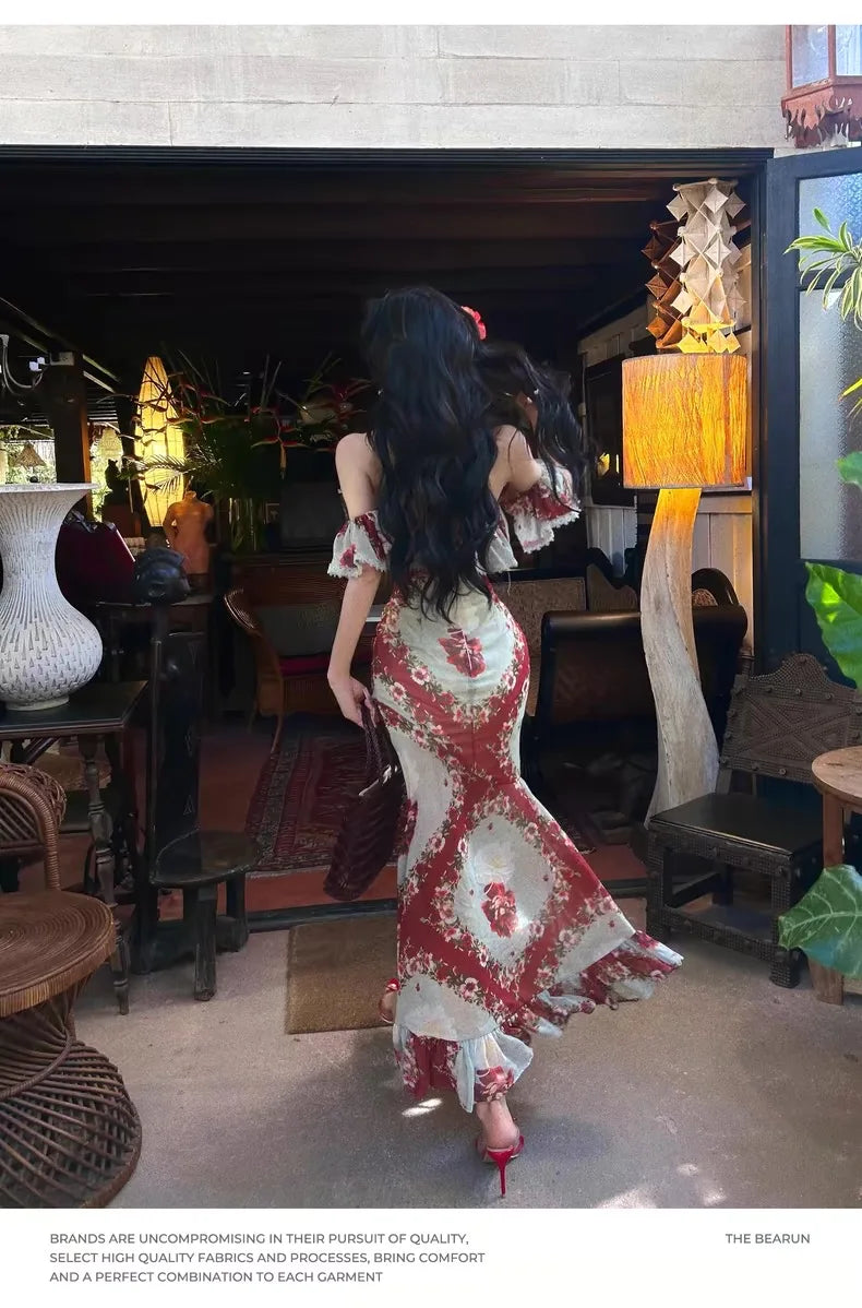 Print Offshoulder Dress Sweet Ruffle Long Midi Dress Style Summer Party Dress Female