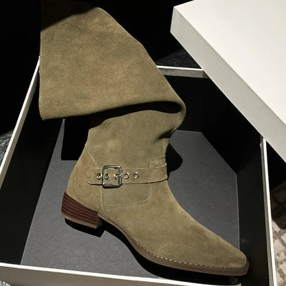 3442 Natural Suede Leather Flats Autumn Western Boots Double Metal Buckle Long Boots Shoes