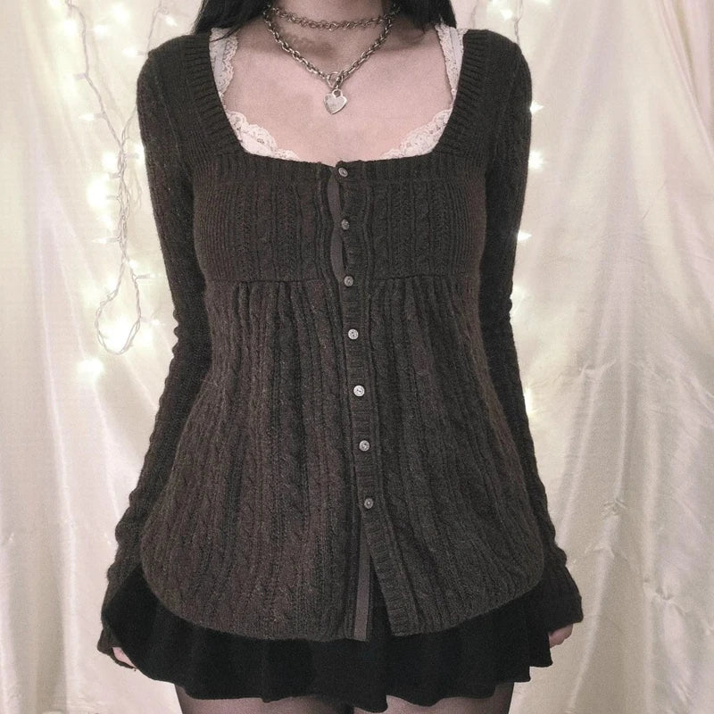 Coquette Grunge Y2k 00s Sweater Single Breasted Long Sleeve Cardigan 00s Aesthetic Kawaii Knitwear T-shirt Clothes