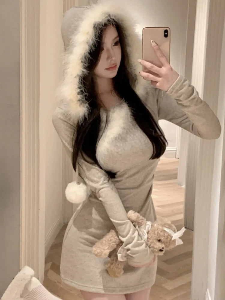 Y2k Sweet Outfits Party Dresses Woman Patchwork Long Sleeve Bodycon Hooded Mini Dress Autumn Korean Vestidos
