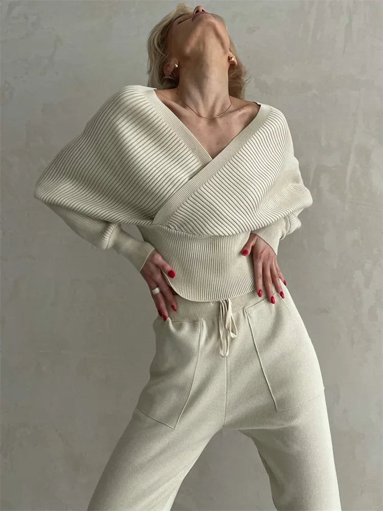 Knit Vneck Pullover 2 Pieceset for Patchwork Sweater and High Waist Drawstring Pants Sets Outfits
