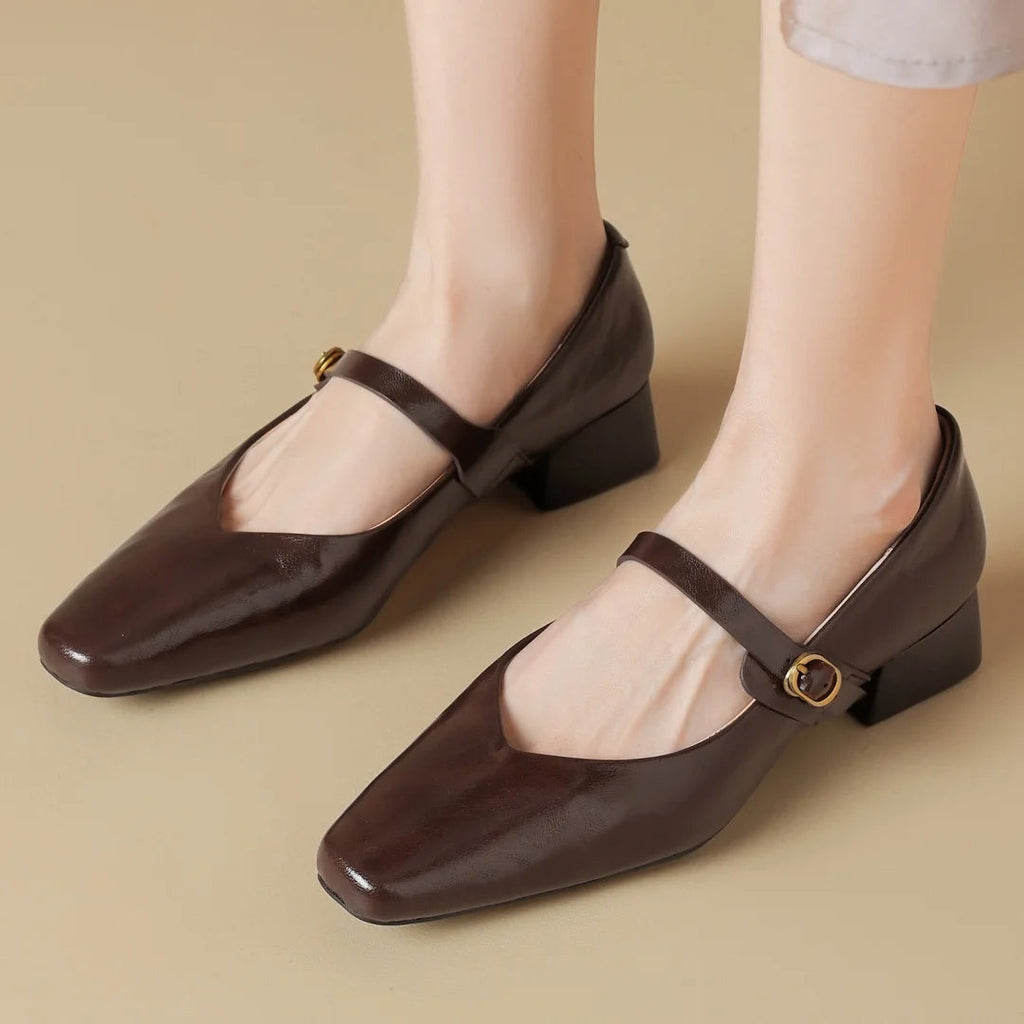 Genuine Leather Square Toe Slipon Mary Jane Pumps 4cm Thick Low Heel Daily Dress Heeled Shoes for Woman