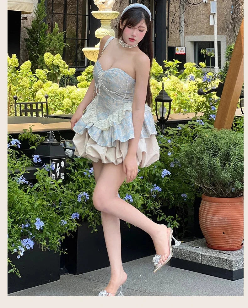Sweet Elegance Retro Jacquard Strapless Dress for Lolita Dresses Pearl Pendant Slim Fit Patchwork Mini Dress