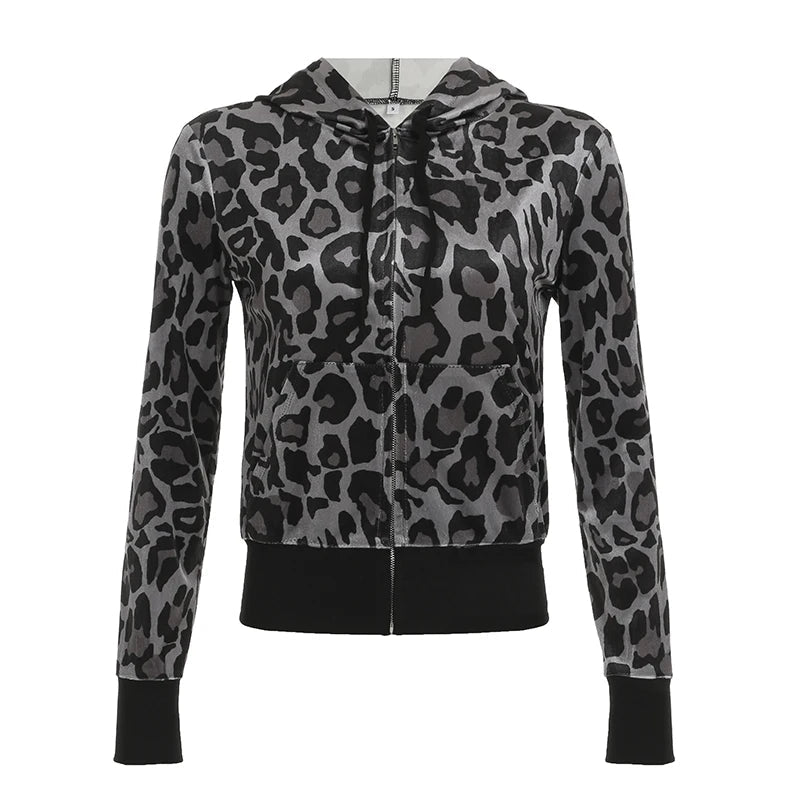 Leopard Print Velvet Hoodie Grunge Loose Zipup Hooded Sweatshirts Y2k Contrast Patchwork Cardigan Retro Thin Coat New