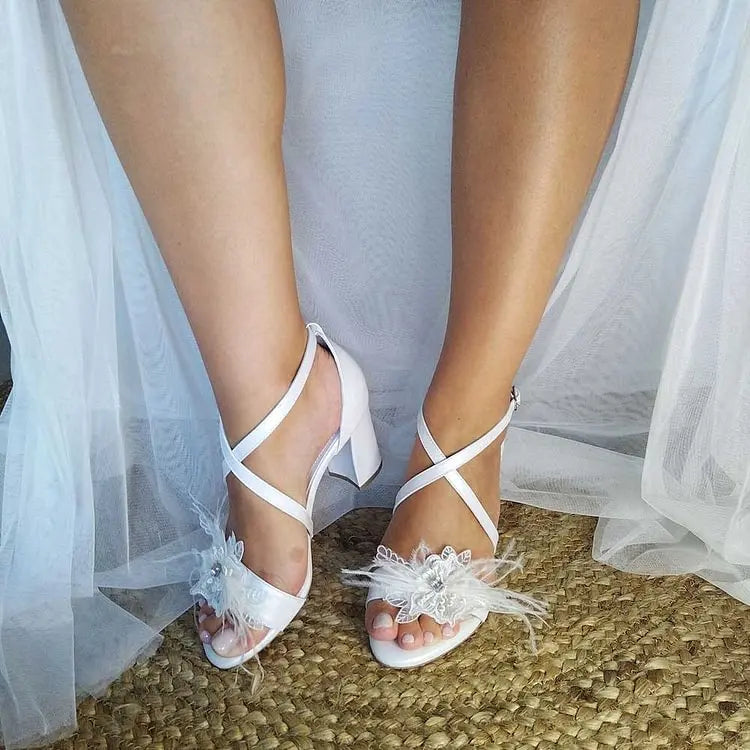 White Crystal Decor Cross Strappy Block Heel Wedding Sandals Open Toe Summer Dress Party Shoes