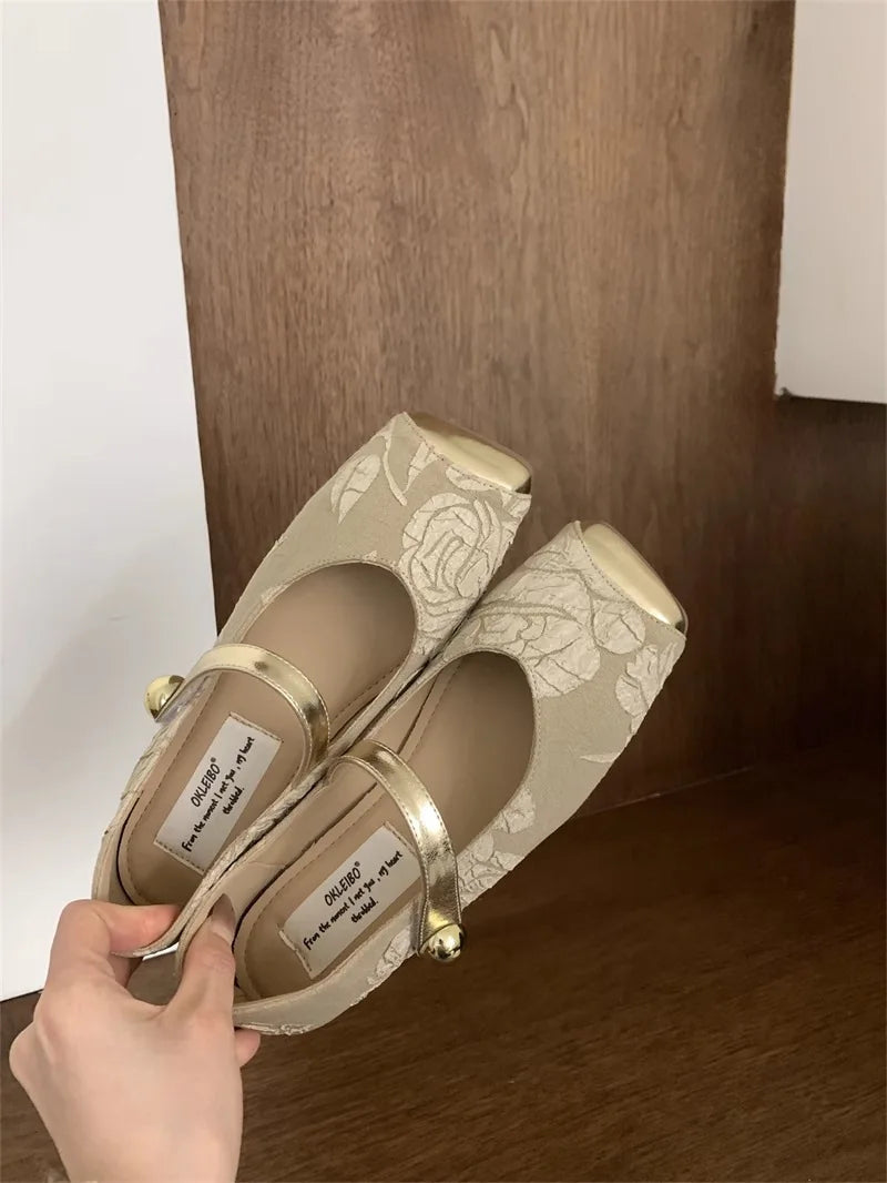 Spring Summer Square Flat Mary Jane Shoes for Pattern Temperament Lightweight Shoes