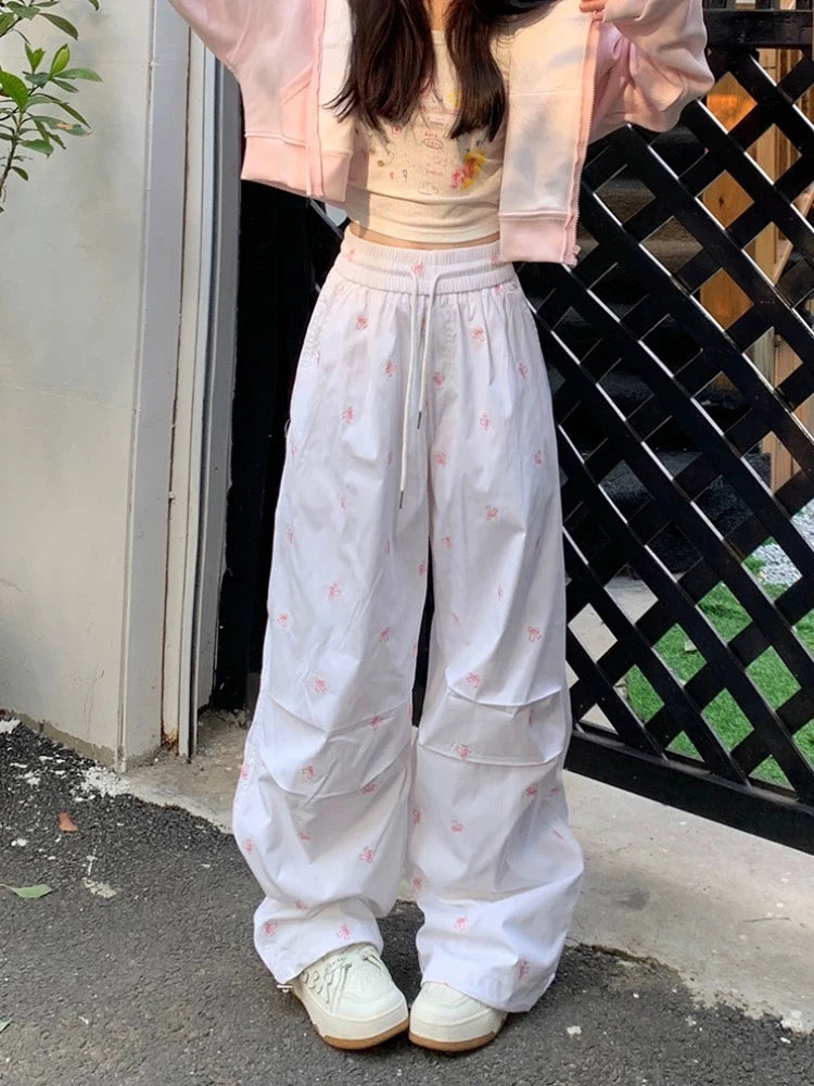 Y2k Parachute White Jogger Pants Baggy Bow Printed Sweatpants Hip Hop Slouchy Sporty Bottoms