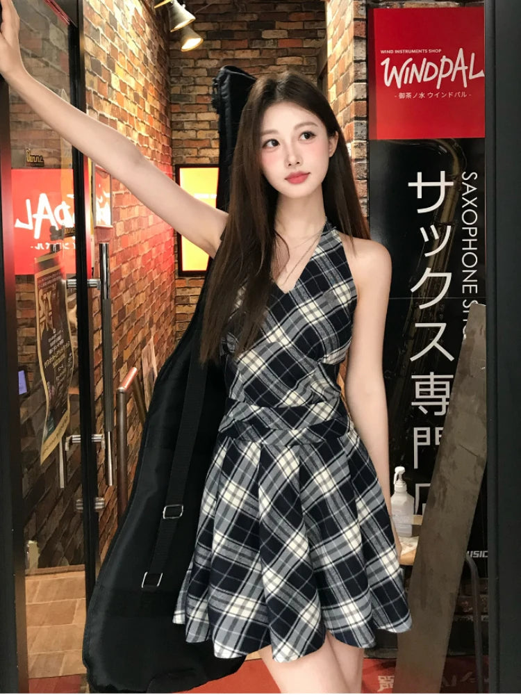 Y2k Mini Dress Plaid Bow Sleeveless Vest Dress French High Waist Style Dress Summer