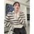 ’s Striped Sweater Zip Thick Fall Loose Turtleneck Knit Jumper Turn-down Collar Oversize Sweaters