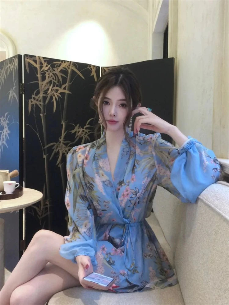 French Flower Chiffon Dress Retro Lantern Sleeve Mini Dress Female Even Party Korean Summer